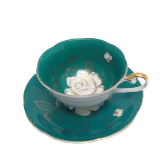 Teal Gold Rose Pattern Footed Teacup And Saucer Set - Picture 1 of 7